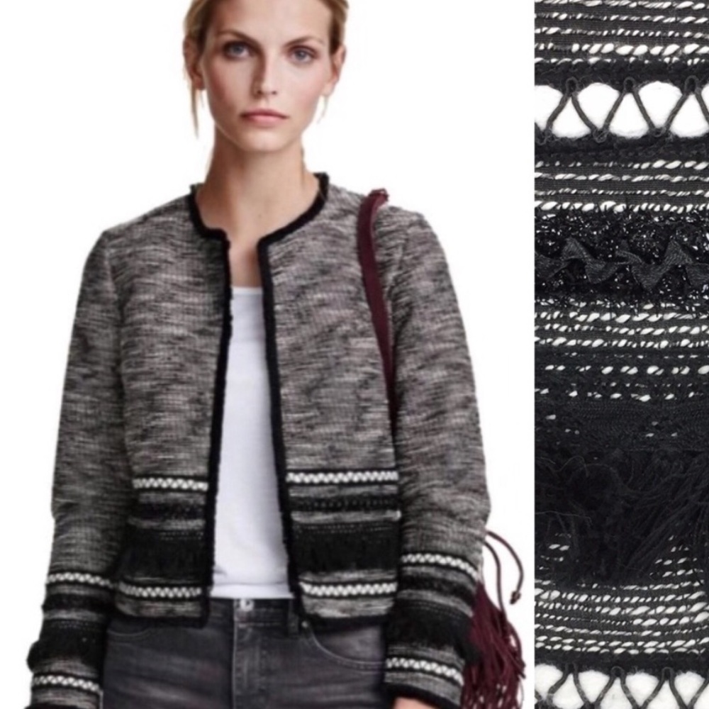H&M Black White Tweed Like Fringe Trim Jacket